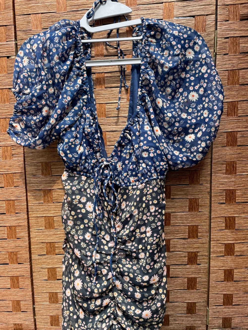 Free People Floral Puff-Sleeve Navy Women’s Ruched Dress Top - Picture 4 of 10
